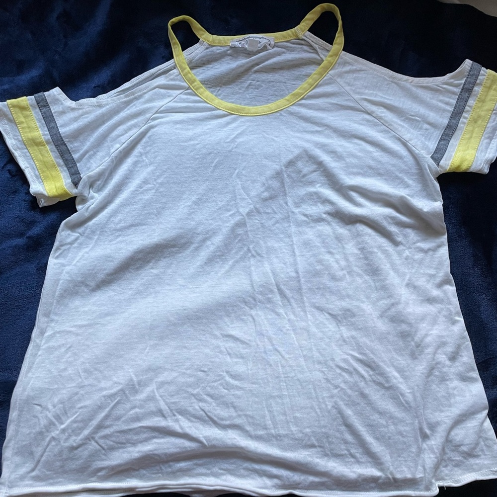 Pastel blue and yellow open shoulder top